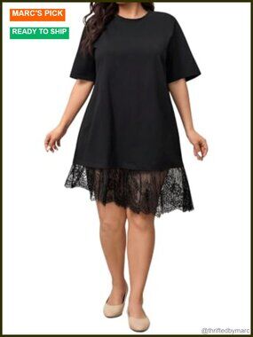 Plus Size Lace T-Shirt Dress Short Sleeve Ruffle Hem Flowy Casual Summer